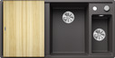 BLANCO AXIA III 6 S mit Ablauffernbedienung, SILGRANIT, felsgrau, mit Holzschneidbrett, Becken rechts, 600 mm Untermaß