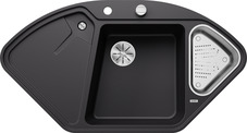 BLANCODELTA 9 E-F (BLANCODELTA II-F), SILGRANIT, black, with drain remote control, with accessories, Bowl right, 800 mm min. cabinet size