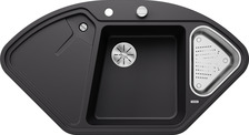 BLANCODELTA 9 E (BLANCODELTA II), SILGRANIT, black, with drain remote control, with accessories, Bowl right, 800 mm min. cabinet size