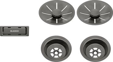 Set: outlet/overflow satin dark steel double bowl, satin dark steel