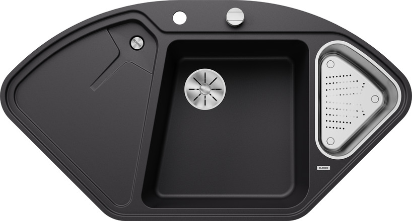 BLANCODELTA 9 E-F (BLANCODELTA II-F), SILGRANIT, schwarz, mit Ablauffernbedienung, mit Zubehör, Becken rechts, 800 mm Untermaß