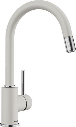 BLANCO MIDA-S Küchenarmatur in sanftweißem SILGRANIT-Look mit Messing-Finish, mit hohem gebogenem Auslauf und seitlichem Hebelgriff.