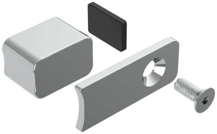 BLANCO magnet set 402512 shown exploded with a chrome cover cap, black magnet insert, metal mounting plate with hole, and a screw.