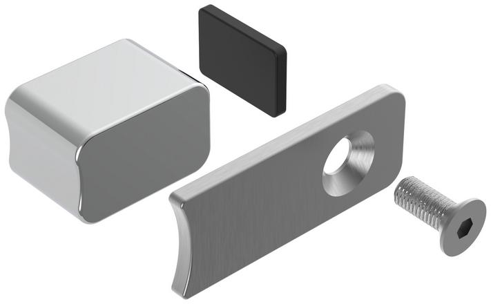 BLANCO magnet set, article number 124429, shown as an exploded view with a metal cover block, black magnet insert, mounting plate with countersunk hole, and hex socket screw.