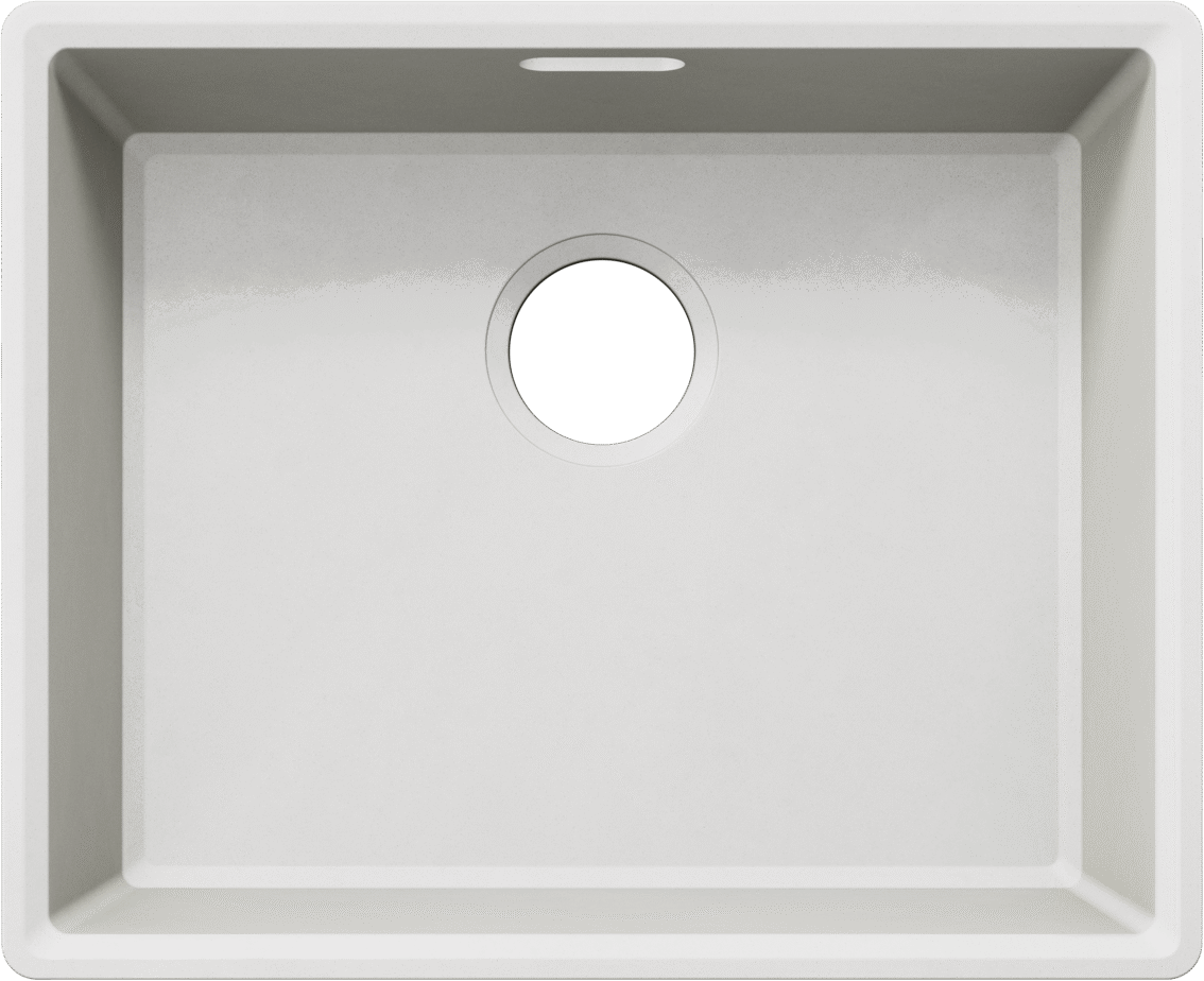 Draufsicht auf die Schüsselspüle BLANCO VION 500-IFU aus VELGRANIT, Farbe Cloud White (vg_cloudwhite), mit zentraler Ablauföffnung.