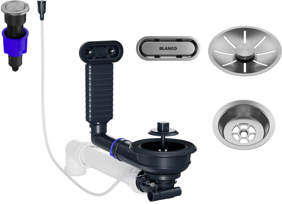 BLANCO Ablaufgarnitur-Set mit PushControl für Komposit-Einbeckenspülen, Edelstahloptik, zeigt Ablauf, Überlauf, Druckknopf und Siphonkomponenten.