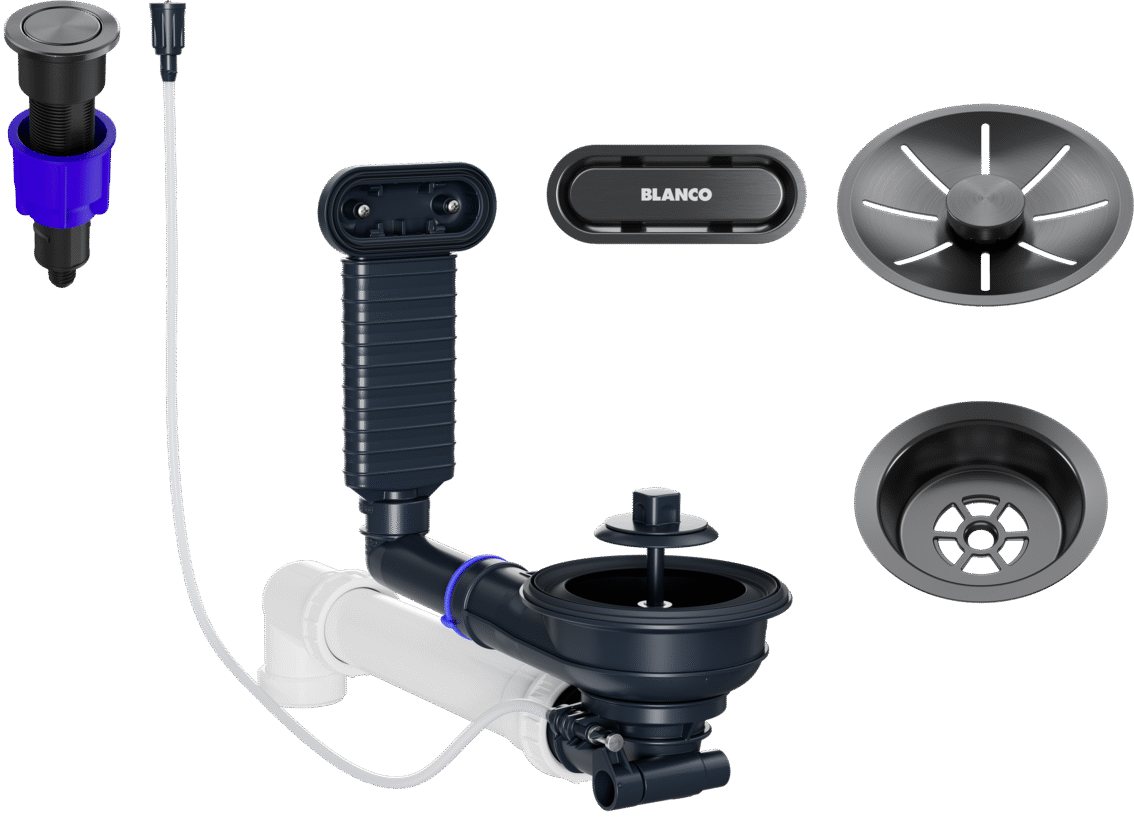 BLANCO Ablaufgarnitur-Set mit PushControl für Komposit-Einzelbecken, satiniertes Dark Steel, inklusive Ablaufabdeckung, Siebkorb, Überlaufblende und Siphonteilen.
