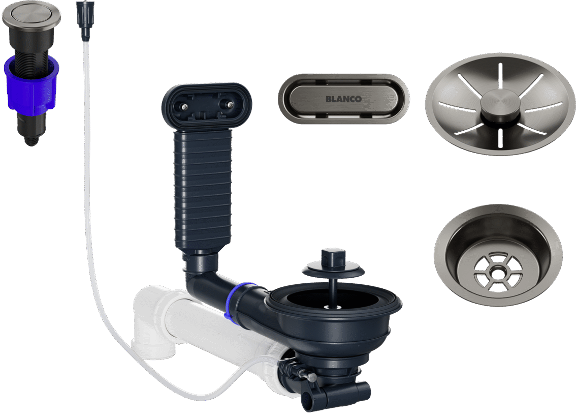 BLANCO Ablaufgarnitur-Set mit PushControl für Komposit-Einzelbecken, Satin Platin, inklusive Ablauf, Überlauf, Bedienknopf und Siphonkomponenten.