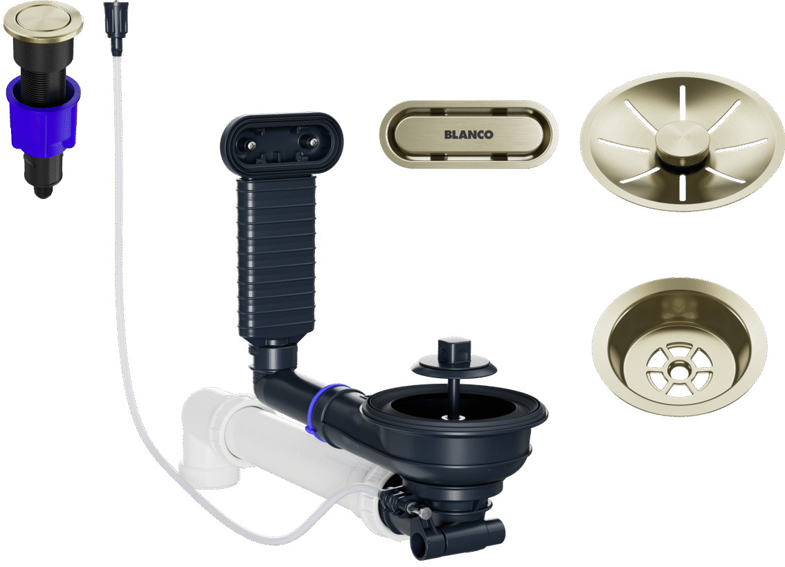 BLANCO Ablaufgarnitur-Set mit PushControl für Composite-Einzelbecken, Satin-Gold-Finish, inklusive Ablauf, Überlauf, Bedienknopf und Sanitärkomponenten.
