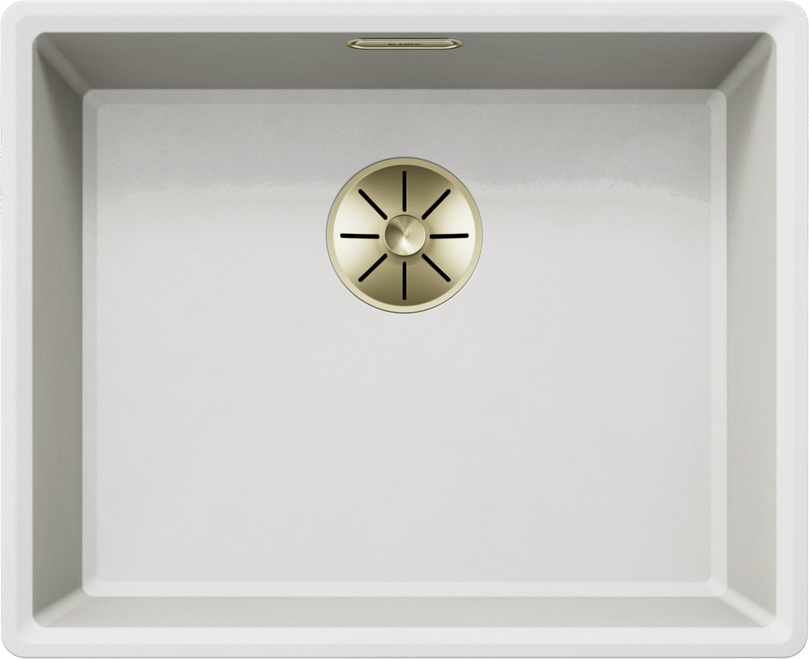 Draufsicht auf die BLANCO VION 500-IFU Schale aus VELGRANIT, cloud white, mit goldfarbenem Ablaufdeckel und Überlauf. Artikelnummer 528238.