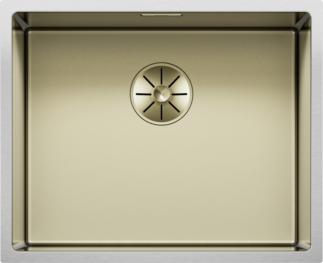 Vue de dessus de la cuve BLANCO CLARON 500-U Durinox Gold Edition en acier inoxydable avec surface Durinox Dark Steel, montrant le cache de bonde central. Référence 528468.