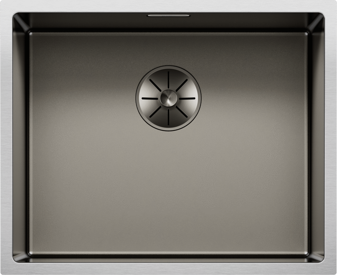 Vue de dessus de la cuve en acier inoxydable BLANCO CLARON 500-U Durinox Platinum Edition en Durinox Dark Steel avec cache-bonde centré, numéro d’article 528470.