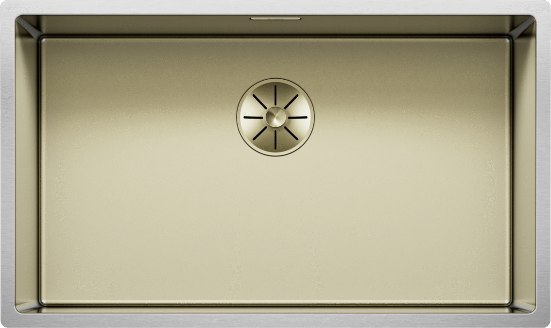 Cuve en acier inoxydable BLANCO CLARON 700-U Durinox Gold Edition, finition Durinox Dark Steel, vue de dessus avec cache-bonde centré, numéro d’article 528469.