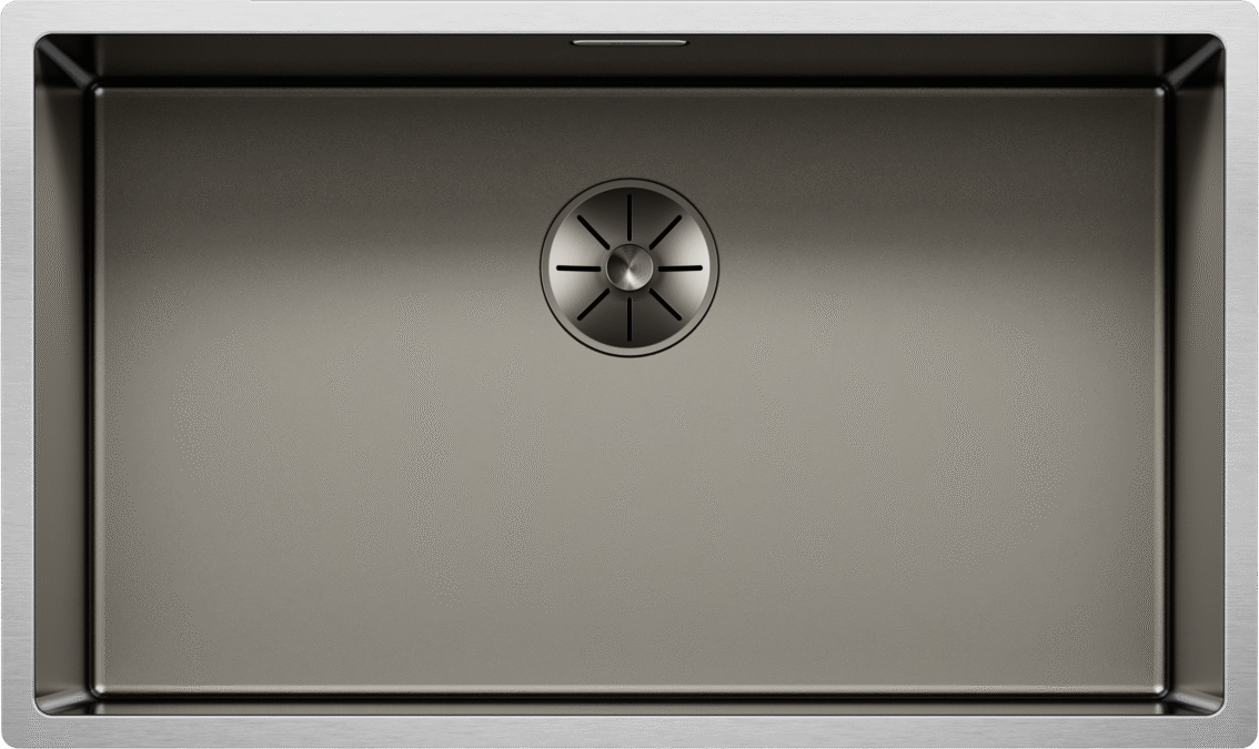 Draufsicht auf die Edelstahlbecken BLANCO CLARON 700-U Durinox Platinum Edition mit Durinox Dark Steel Oberfläche und mittigem Ablauf, Artikelnummer 528471.