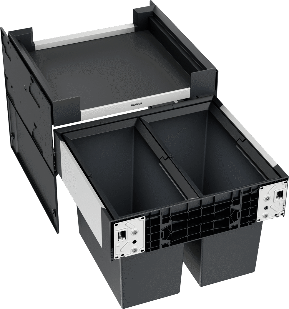 Flacher Schubladeneinsatz BLANCO UNIT, schwarz mit silberner Frontblende, leer vor weißem Hintergrund dargestellt./BLANCO SELECT II 50/2 Orga Flat Drawer, Artikelnummer 528421, ausziehbarer Schubladenorganizer mit zwei Abfallbehältern und oberer Abla
