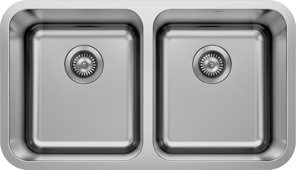 Top view of BLANCO STELLAR 31-U 2 stainless steel double bowl sink with satin polish and brushed finish, showing two rectangular basins with centered strainers.