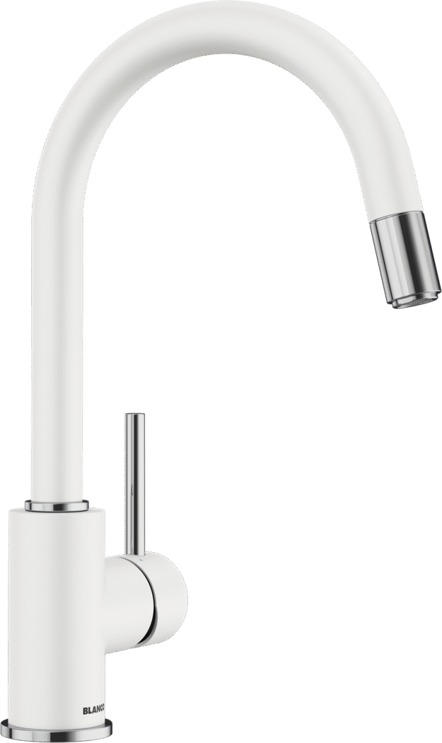 BLANCO MIDA-S Küchenarmatur in Weiß im SILGRANIT-Look mit Messing, mit hohem U-förmigem Auslauf, seitlichem Hebelgriff und Chromakzenten.