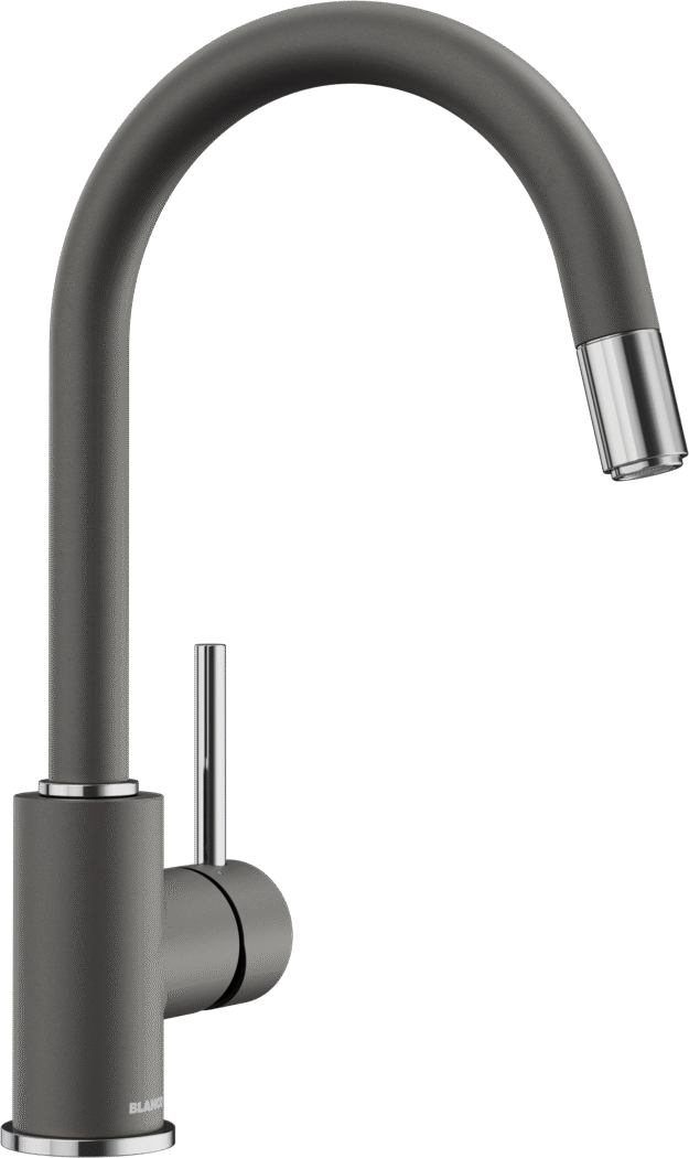 BLANCO MIDA-S kitchen tap, brass with SILGRANIT-Look finish in volcano grey, with high-arc spout and side lever, article number 526967.