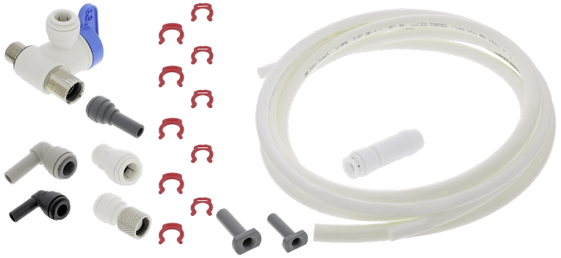 BLANCO Installation kit for BLANCO AQUA UVC-AC, article number 129575, with coiled hose, valve, connectors, elbows, and red retaining clips.