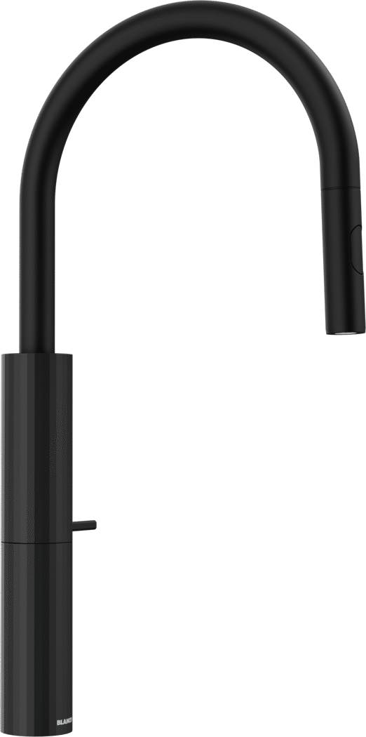 BLANCO LAVIN-C-S kitchen tap in black matt stainless steel, with high curved spout and side lever handle, shown on a white background.