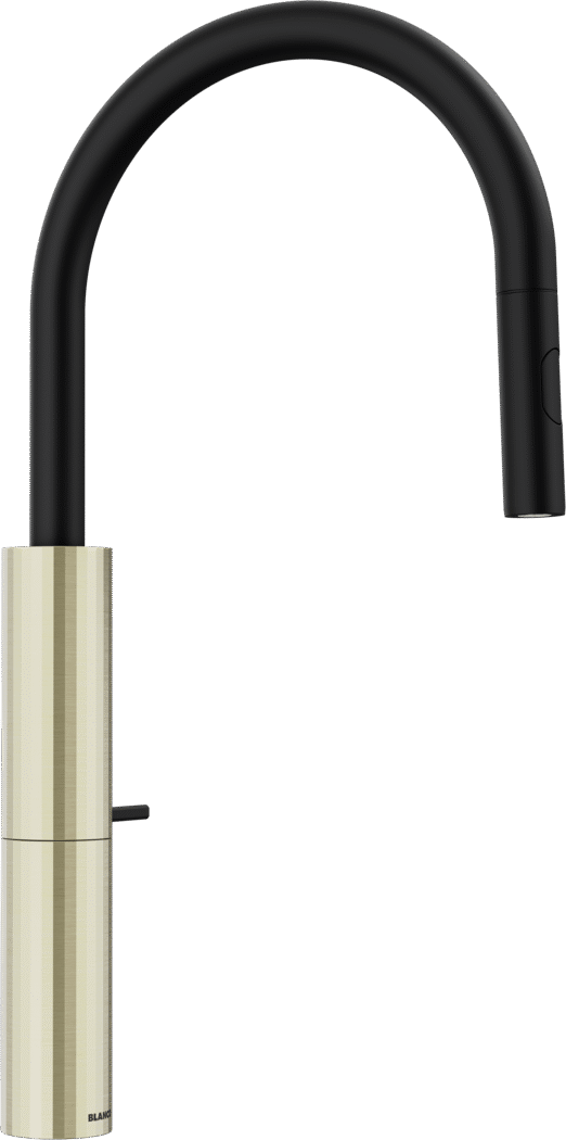 BLANCO LAVIN-C-S Küchenarmatur aus Edelstahl mit satiniertem Gold-PVD, mit hohem zylindrischem Sockel, seitlichem Hebel und schwarzem, hoch geschwungenem Auslauf.