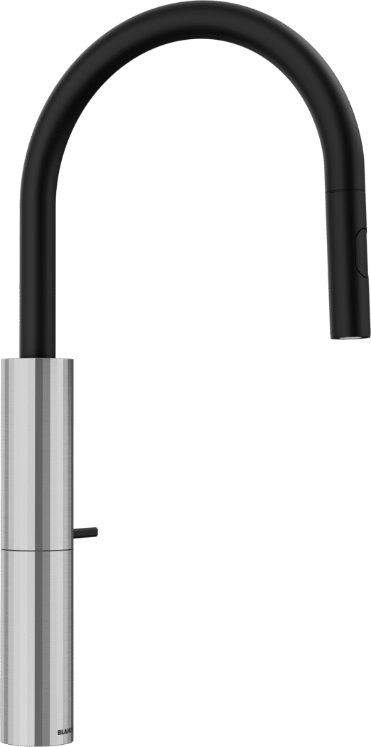 BLANCO LAVIN-C-S kitchen tap in brushed stainless steel, with tall cylindrical body, side lever handle, and high U-shaped spout with black pull-out spray head.