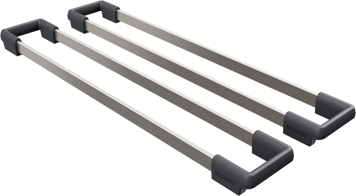 BLANCO Etagon_Rails_SST_satin_platinum_244466_g_C Spülbecken-Schienen in Satin-Platin, Set aus zwei mit dunklen Endkappen, Artikelnummer 244466.