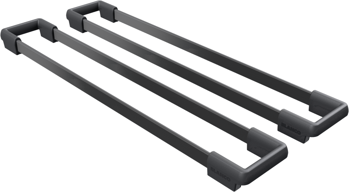 BLANCO UNIT Etagon Rails SST schwarz matt, Set aus zwei mattschwarzen Spülbecken-Schienen, Produktbild vor weißem Hintergrund.