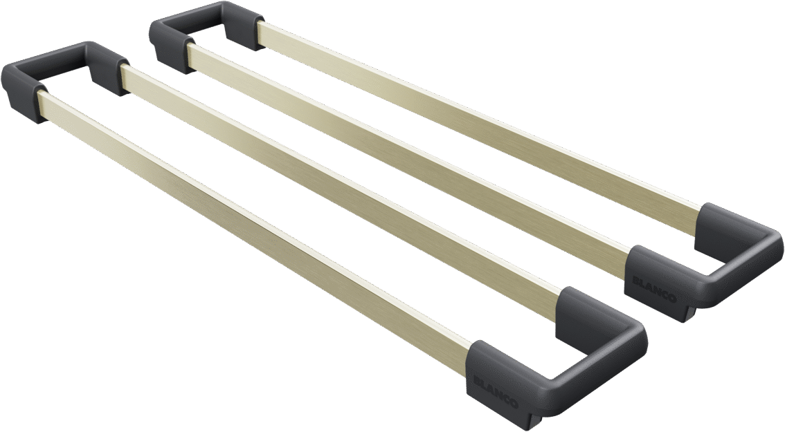 BLANCO Etagon Rails SST in Satin Gold, zwei Satin-Gold-Schienen mit schwarzen Endhalterungen, auf weißem Hintergrund gezeigt (UNIT 244465).