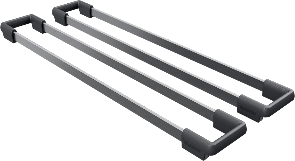 BLANCO Top_Rails SST satin dark steel, Artikelnummer 244471, two parallel metal rails with dark end brackets on a white background.