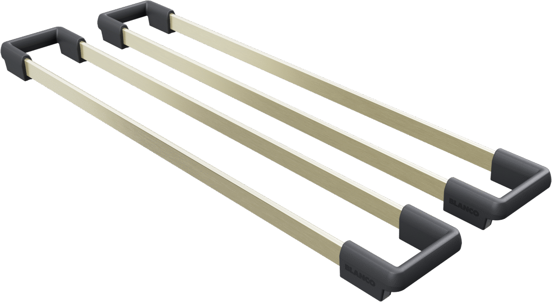 BLANCO Top Rails SST or satiné, lot de deux rails parallèles avec embouts noirs, numéro d’article 244469.