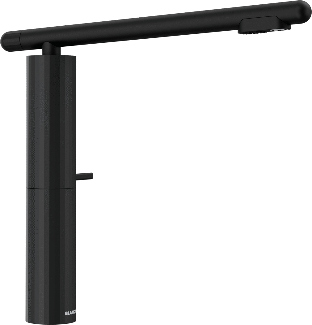 BLANCO LAVIN-L-S kitchen tap in matt black stainless steel, side view with cylindrical body, slim side lever, and long straight spout with spray head.