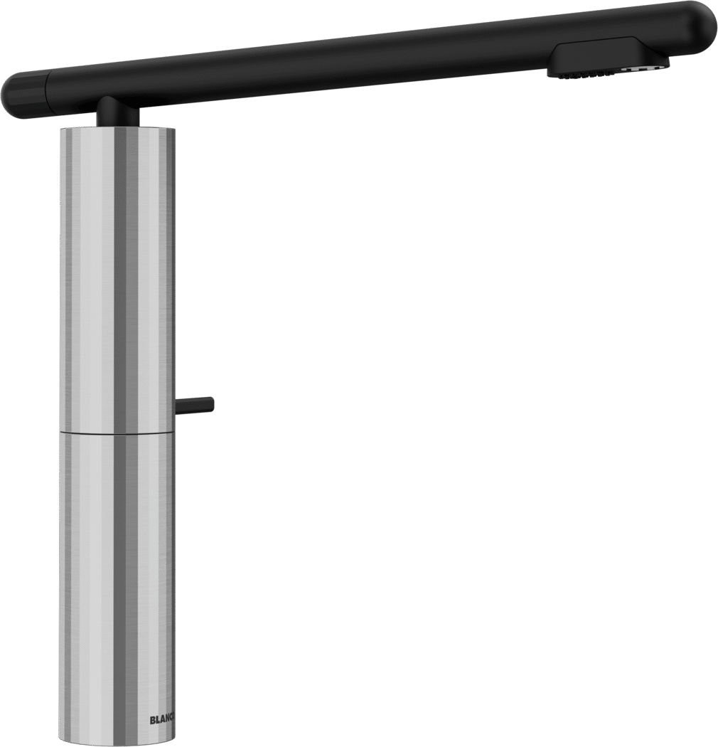 Robinet de cuisine BLANCO LAVIN-L-S en acier inoxydable brossé avec corps cylindrique, levier latéral et long bec horizontal noir avec douchette.