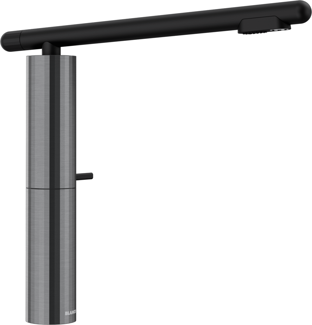 Robinet de cuisine BLANCO LAVIN-L-S en acier inoxydable avec finition PVD satinée acier foncé, avec corps cylindrique, levier latéral et long bec horizontal avec douchette extractible.