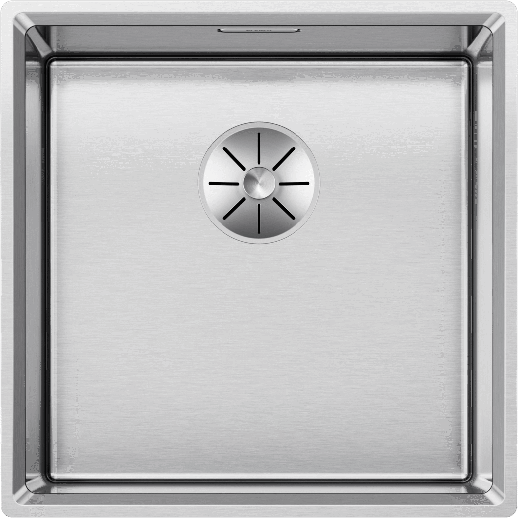 Draufsicht auf das BLANCO VION 400-IF Becken aus Edelstahl mit satiniertem Schliff, mit quadratischem Einlagerand und mittig platziertem runden Ablaufdeckel.