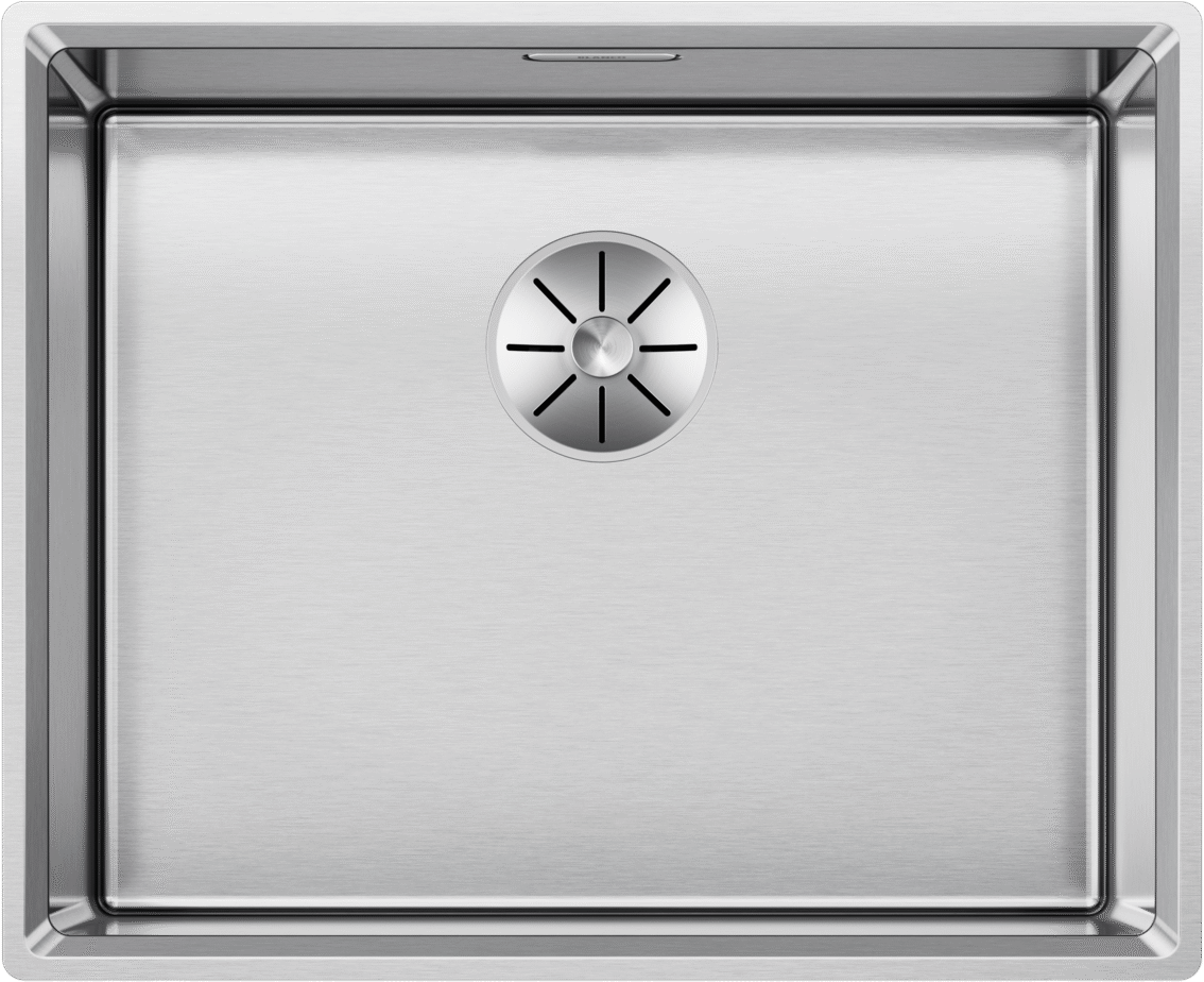 Draufsicht auf das Becken BLANCO VION 500-U, Edelstahl mit satiniert polierter Oberfläche, rechteckiges Einzelbecken mit zentrierter Ablaufabdeckung.