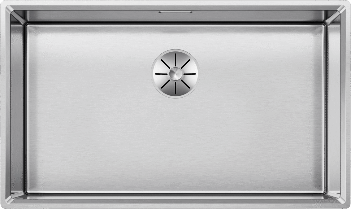 Draufsicht auf das BLANCO VION 700-U Becken aus Edelstahl mit satiniert polierter Oberfläche, rechteckiges Einzelbecken mit zentrierter Ablaufabdeckung.