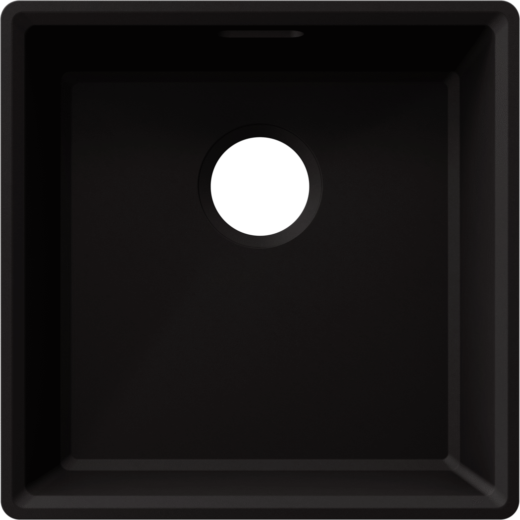 Draufsicht auf die BLANCO VION 400-IFU Schüssel aus VELGRANIT, Farbe Mystic Black, mit mittig angeordneter Ablauföffnung.