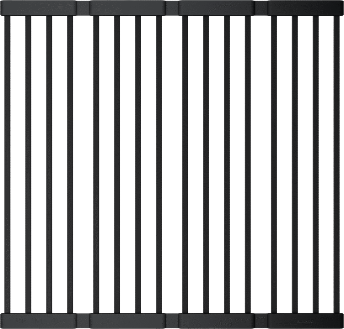 BLANCO faltbares Gitter, UNIT Grids, Artikelnummer 244473, schwarzes mattes faltbares Spülbeckengitter mit vertikalen Streben, Draufsicht.
