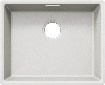 Draufsicht auf die Schüsselspüle BLANCO VION 500-IFU aus VELGRANIT, Farbe Cloud White (vg_cloudwhite), mit zentraler Ablauföffnung.