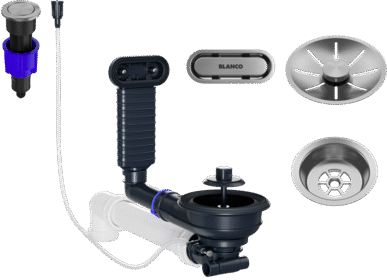 BLANCO Ablaufgarnitur-Set mit PushControl für Komposit-Einbeckenspülen, Edelstahloptik, zeigt Ablauf, Überlauf, Druckknopf und Siphonkomponenten.