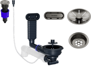 BLANCO Ablaufgarnitur-Set mit PushControl für Komposit-Einzelbecken, Satin Platin, inklusive Ablauf, Überlauf, Bedienknopf und Siphonkomponenten.