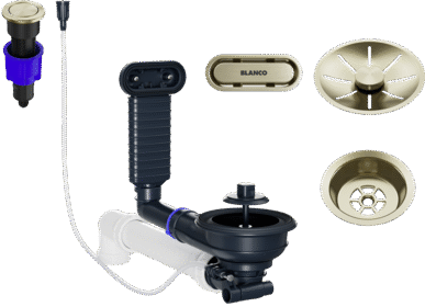 BLANCO Ablaufgarnitur-Set mit PushControl für Composite-Einzelbecken, Satin-Gold-Finish, inklusive Ablauf, Überlauf, Bedienknopf und Sanitärkomponenten.