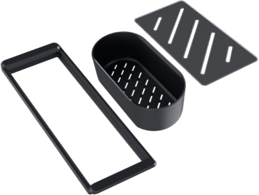 Pack d’accessoires BLANCO Multi Match, set pour évier avec cadre d’évier noir, panier ovale perforé et cache-bonde à fentes, UNIT 244678.