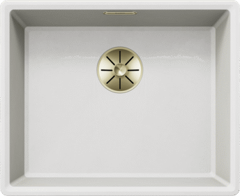 Draufsicht auf die BLANCO VION 500-IFU Schale aus VELGRANIT, cloud white, mit goldfarbenem Ablaufdeckel und Überlauf. Artikelnummer 528238.