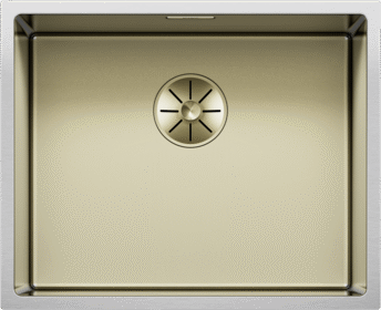 Vue de dessus de la cuve BLANCO CLARON 500-U Durinox Gold Edition en acier inoxydable avec surface Durinox Dark Steel, montrant le cache de bonde central. Référence 528468.
