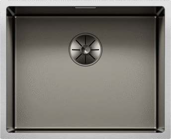 Vue de dessus de la cuve en acier inoxydable BLANCO CLARON 500-U Durinox Platinum Edition en Durinox Dark Steel avec cache-bonde centré, numéro d’article 528470.