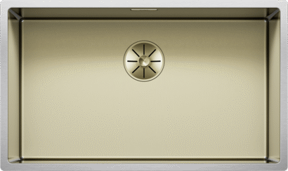 Cuve en acier inoxydable BLANCO CLARON 700-U Durinox Gold Edition, finition Durinox Dark Steel, vue de dessus avec cache-bonde centré, numéro d’article 528469.