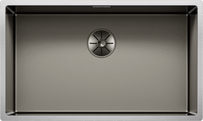 Vue de dessus de la cuve en acier inoxydable BLANCO CLARON 700-U Durinox Platinum Edition avec surface Durinox Dark Steel et bonde centrée, numéro d’article 528471.