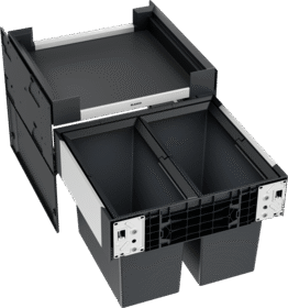 Flacher Schubladeneinsatz BLANCO UNIT, schwarz mit silberner Frontblende, leer vor weißem Hintergrund dargestellt./BLANCO SELECT II 50/2 Orga Flat Drawer, Artikelnummer 528421, ausziehbarer Schubladenorganizer mit zwei Abfallbehältern und oberer Abla